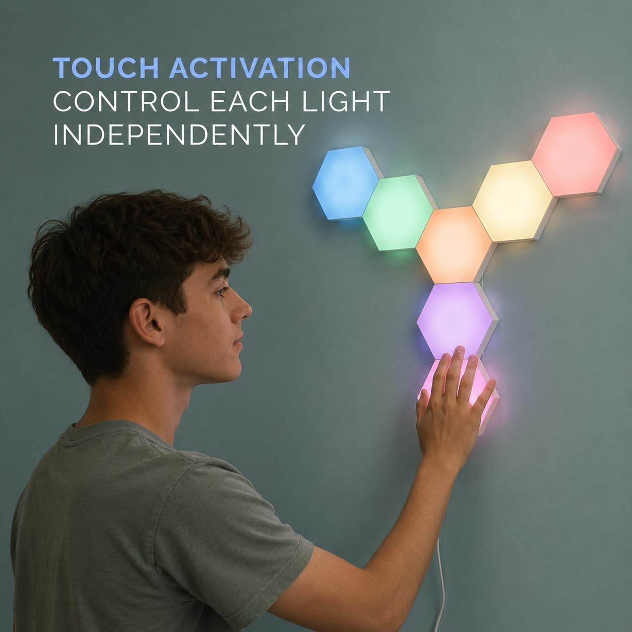 Emberela HEXlights Sensory Lights for Teens - 7pk Touch Hexagon Lights, Remote Controlled - Autism-Friendly Tap Tap Wall LED Panels for Sensory Room - Table Stand Included