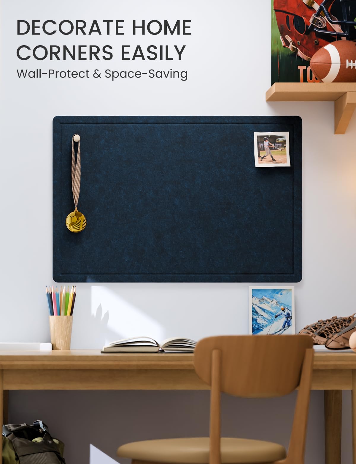 Fluxynara Bulletin Board,35.4" x 23.6" Cork Board Alternative with 12 Safe Removable Adhesive Tabs, Foldable Felt Pin Board for Home Office, Classroom, Bedroom,Entryway for Walls—Carbon Blue