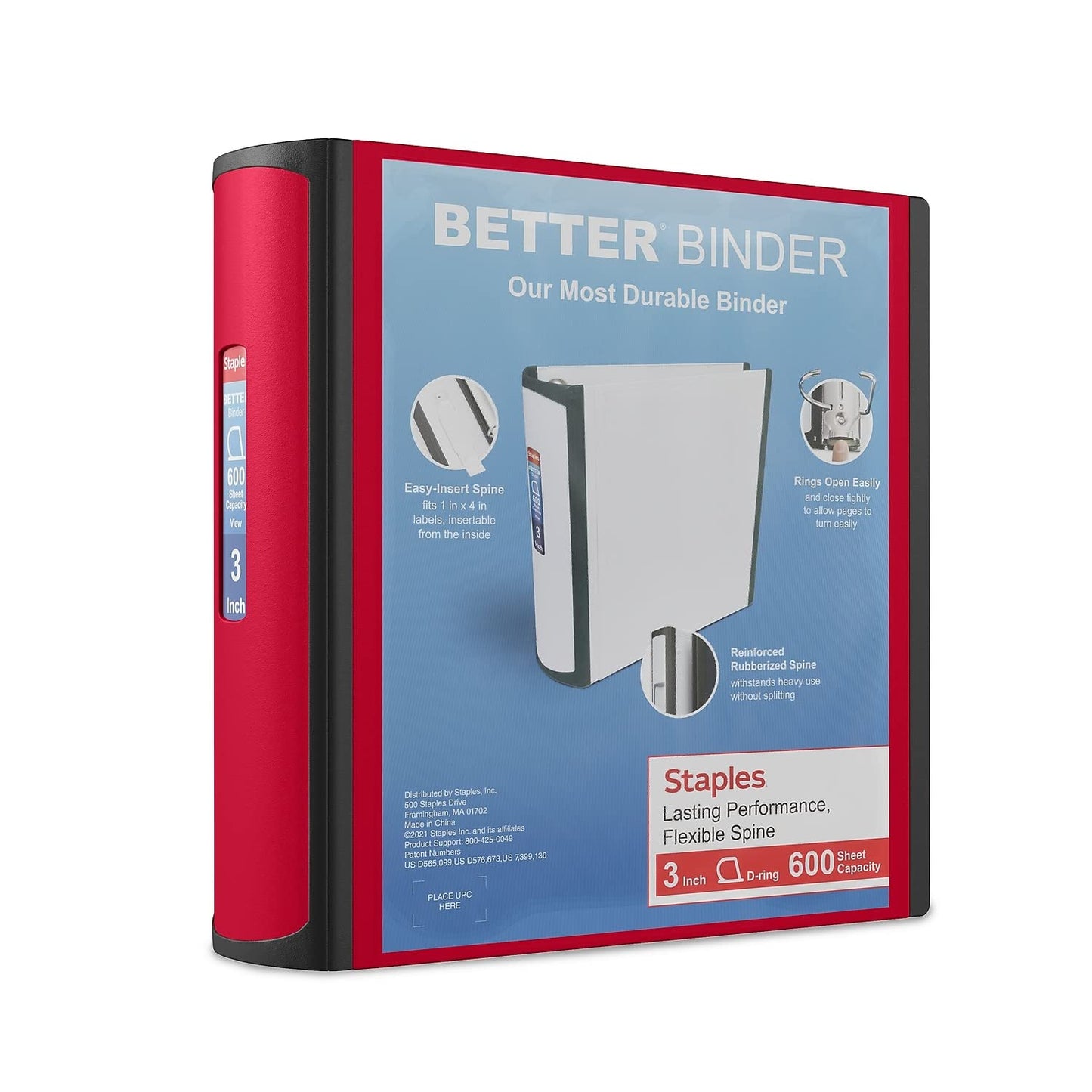 Staples Heavy-Duty 3-Inch D-Ring Binder, Red – 3-Ring Binder with Vinyl Cover, Holds Up to 600 Sheets for School & Office