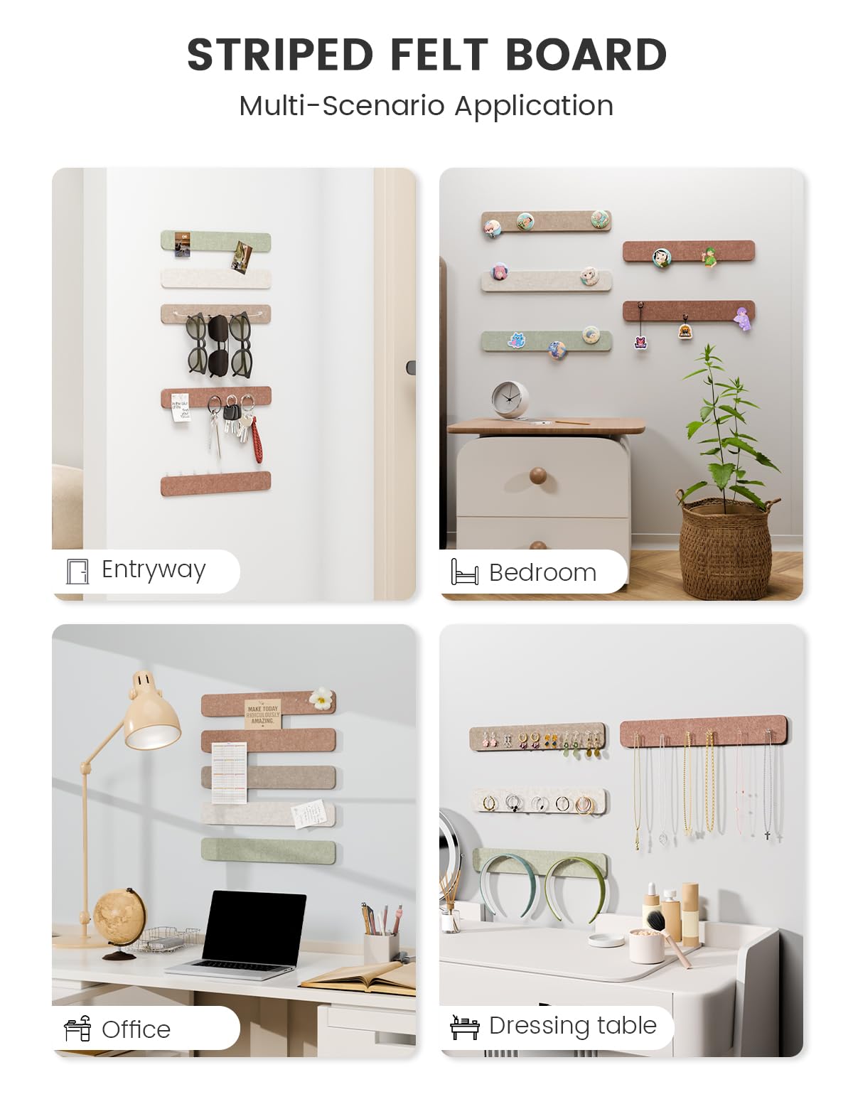 Fluxynara Cork Board Alternative Felt Strip Board 5-Pack 13"x2", Office Pin Board with 35 Push Pins, Adhesive Install for Bedroom Door & Home Office (Boho)