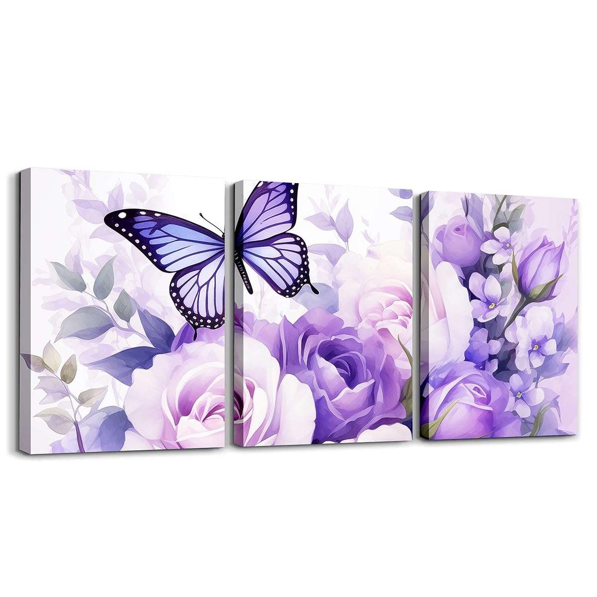 Feelyou Purple Rose 3 Piece Canvas Wall Art for Living Room Bedroom Butterfly Wall Art for Home Decor Floral Flower Office Wall Decor Romantic Theme Wall Painting