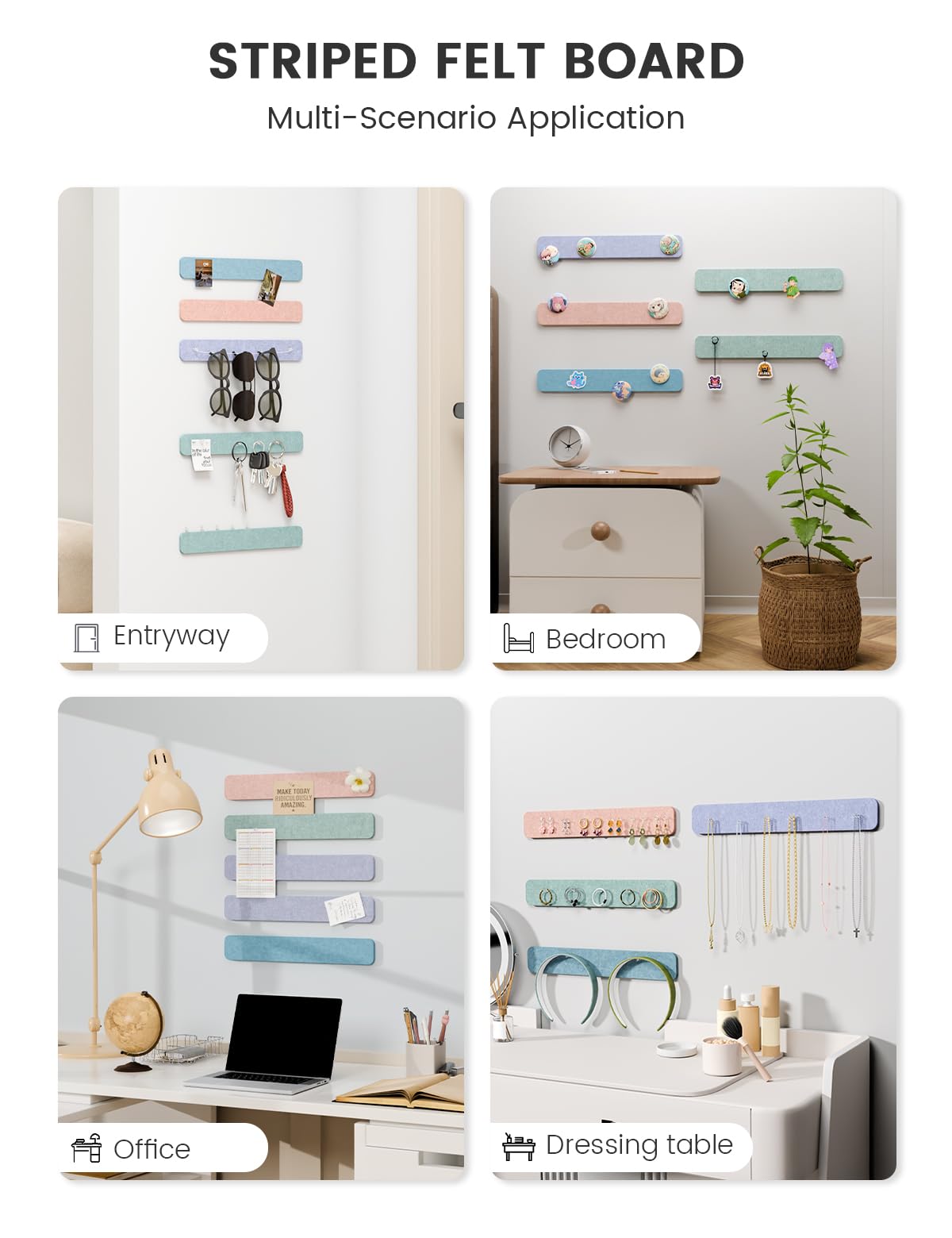 Fluxynara Cork Board Alternative Felt Strip Board 5-Pack 13"x2", Office Pin Board with 35 Push Pins, Adhesive Install for Bedroom Door & Home Office (Coastal Haze)