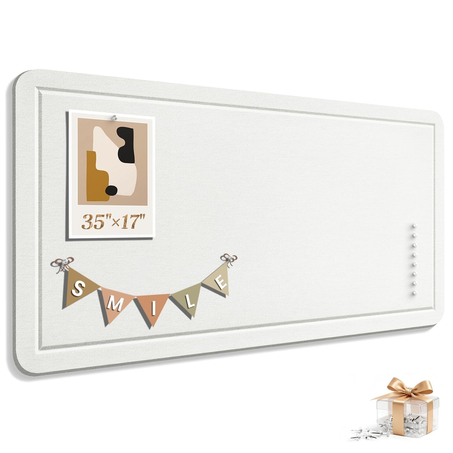 Large Bulletin Board, 35 X 17 Inches Felt Cork Board with 40 Pushpins, Foldable Felt Notice Pin Board Photo Display Board with Self-Adhesive Tape for Office Home School (White, 35x17 inch)