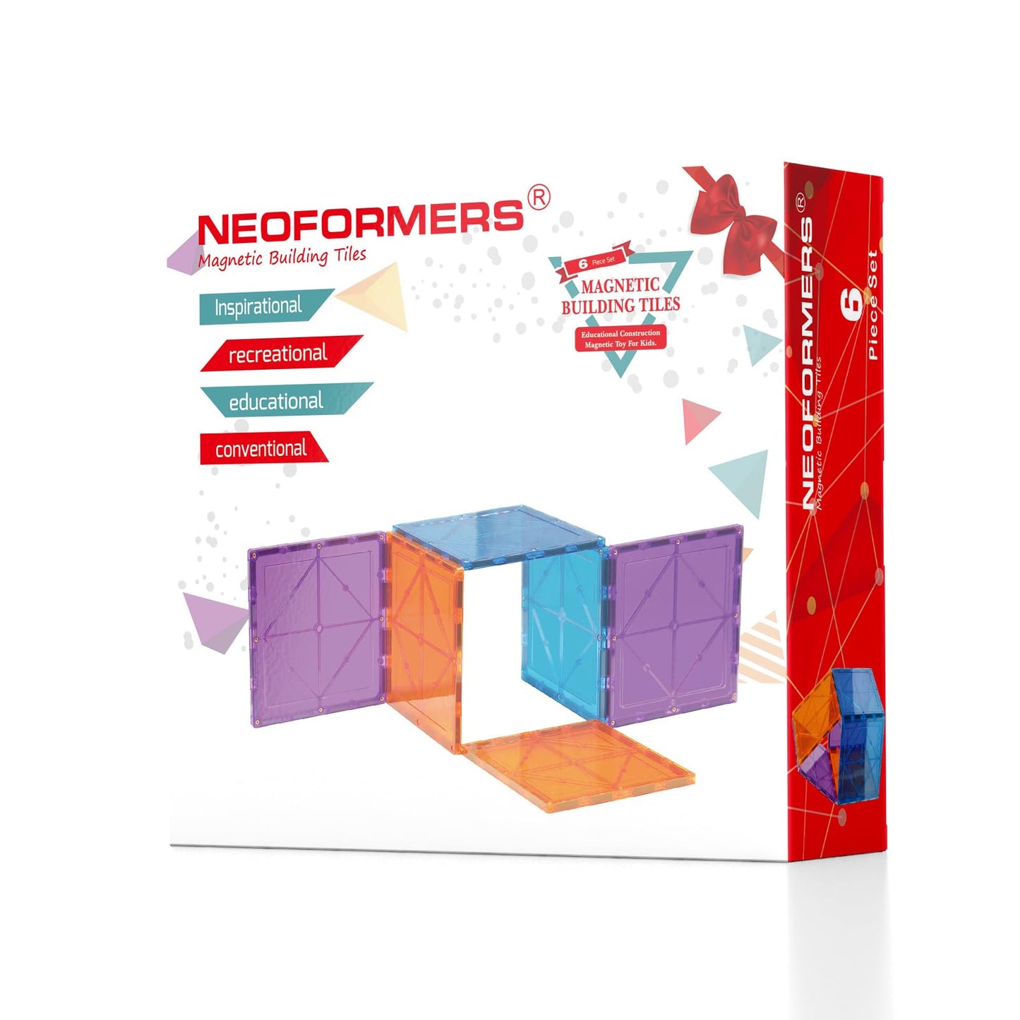 NEOFORMERS Large Magnetic Tiles Set - 6 Piece Square STEM Learning & Educational Building Kit for Kids - Perfect Construction Toy Gift