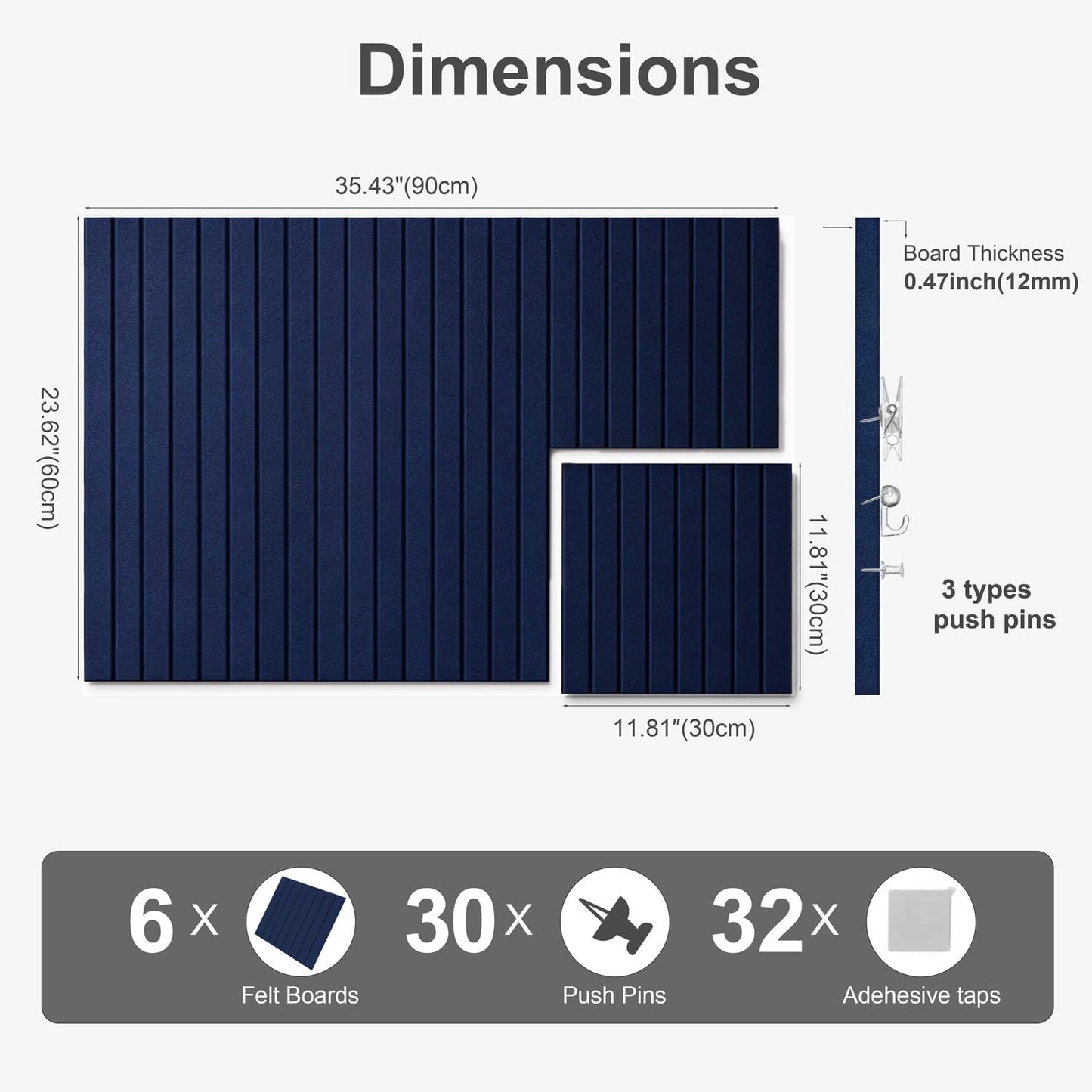 G Gamit 0.47" Thick Felt Pin Board 36"x24" Large Cork Board Alternative 6 Pack 11.81"x11.81"Felt Bulletin Board Wall Tiles Notice Board with 30 Pushpins for Home Office School(Fine-Dark Blue)