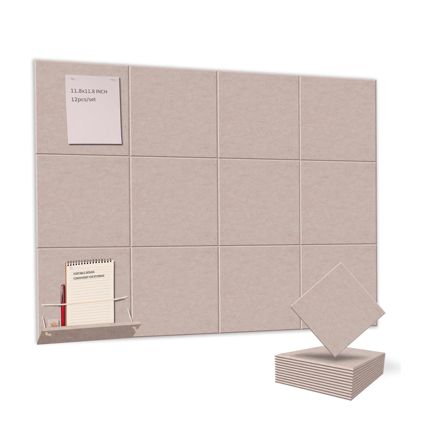 12 Pack Bulletin Boards 48" x 36" Alternative Cork Board for Office,Built-in Storage Device，Large Cork Boards for Walls ， Felt Wall Tiles, Contains Removable Security Stickers and PushPins (F-Beige)