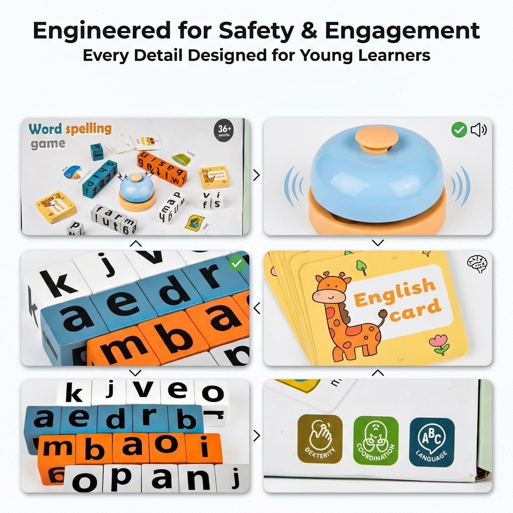 Wooden Word Spelling Game with Flash Cards, Alphabet Learning Set with Bell and Cube, Language Skills Recognition Tool for Educational Use