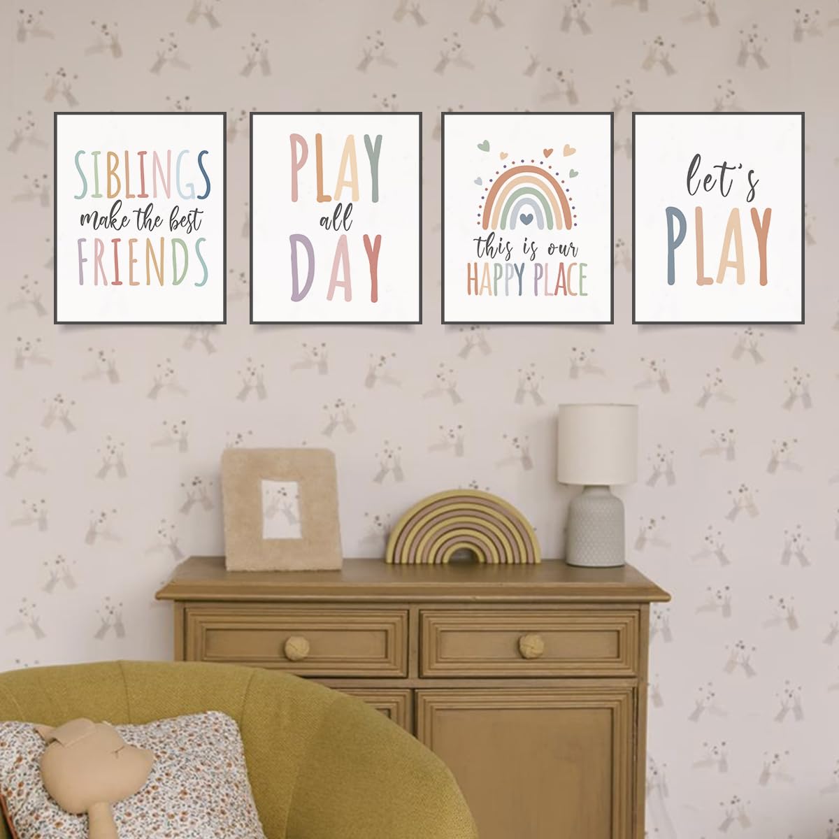 PLKMN Boho Playroom Decor Set of 4, Let's Play Wall Art, Rainbow Prints for Kids Room, Nursery, Bedroom, 8x10 Inch, Unframed