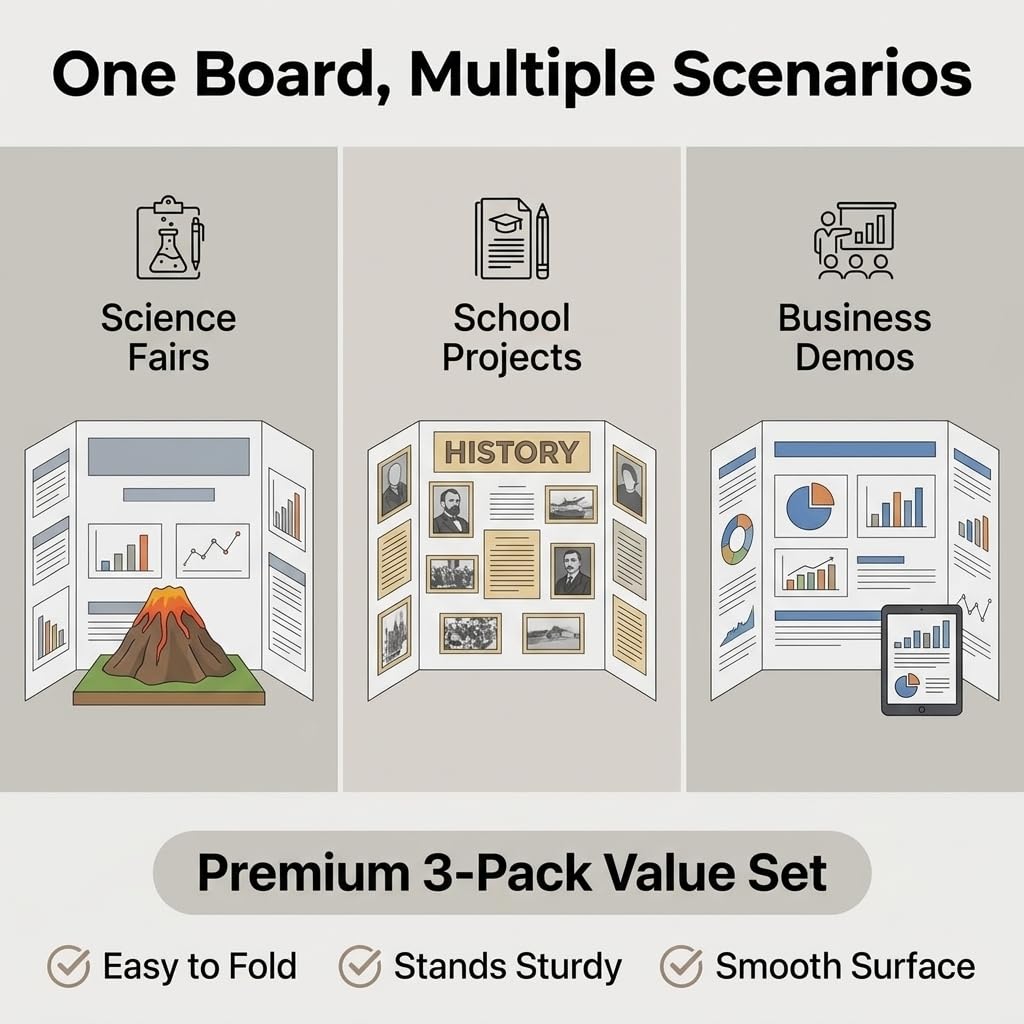 Trifold Poster Board, 24" x 16", White Corrugated Project Boards for Science Fairs, Event Displays, and Business Presentations，School Projects,3-Pack
