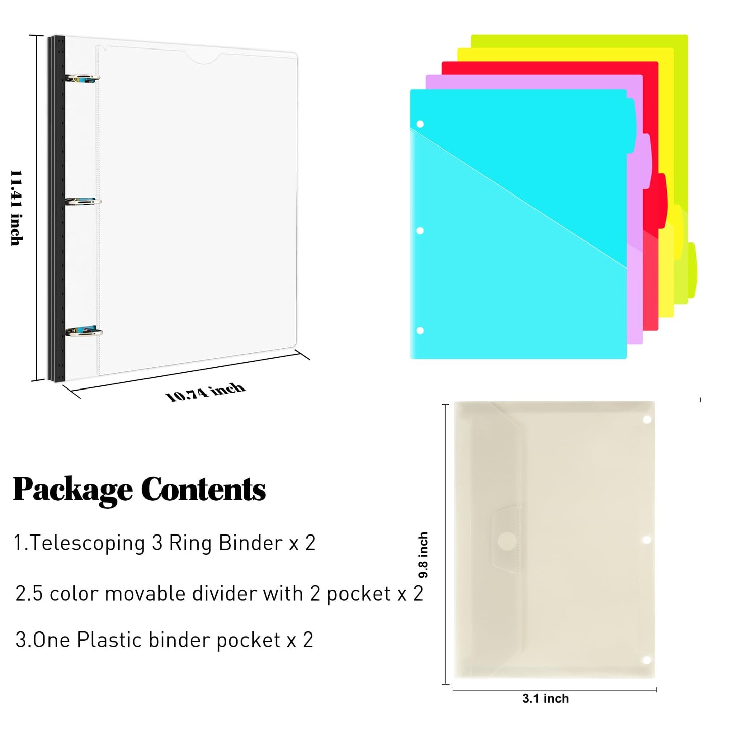 INFUN 1 Inch 3-Ring Telescoping Project Organizer Binder-2PCS,13 Pocket, Customizable Front Cover, 5 Colors Pocket Divider and Plastic Binder Pocket，225 Sheet Capacity-White