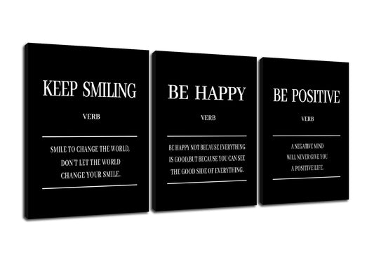 Keep Smiling Be Happy Be Positive 3 Pieces Motivational Canvas Wall Art Entrepreneur Quotes Signs Posters Prints Inspirational Paintings Pictures for Office Gym Decor Ready to Hang [36''W x 16''H]