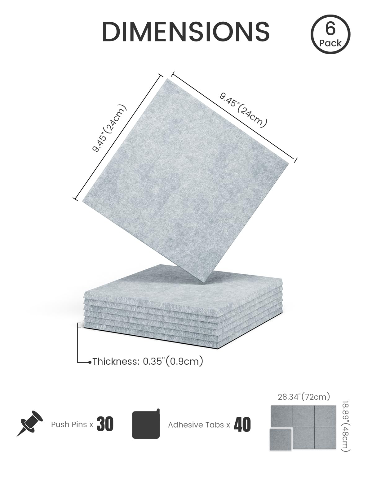 Felt Bulletin Board Tiles -28"x18" Cork Board Alternative for Office Decor, Push Pin Board Wall Organizer 6-Pack - Blue Gray