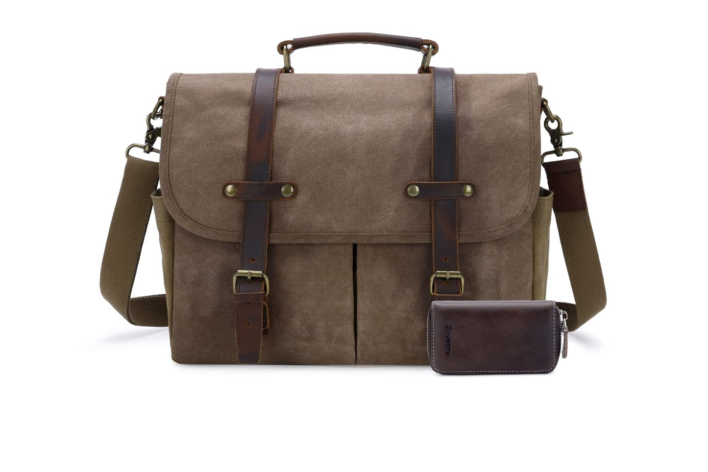 Messenger Bag for Men, 15.6 Inch Waterproof Vintage Genuine Leather Laptop Briefcase Waxed Canvas Large Computer Satchel bag Travel Leather Shoulder Work Bag with Key Bag (Brown)