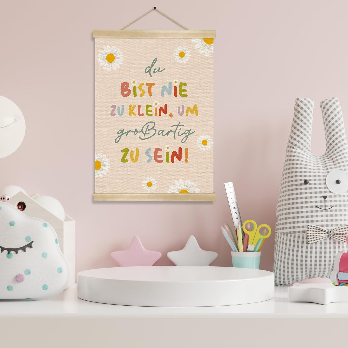 You found a duck Motivational Wall Art,German Positive Quote Linen Wall Hanging Poster,Cute Daisy Flowers Poster Decor for Nursery, Kids’ Room, Playroom, or Classroom (LYK08)
