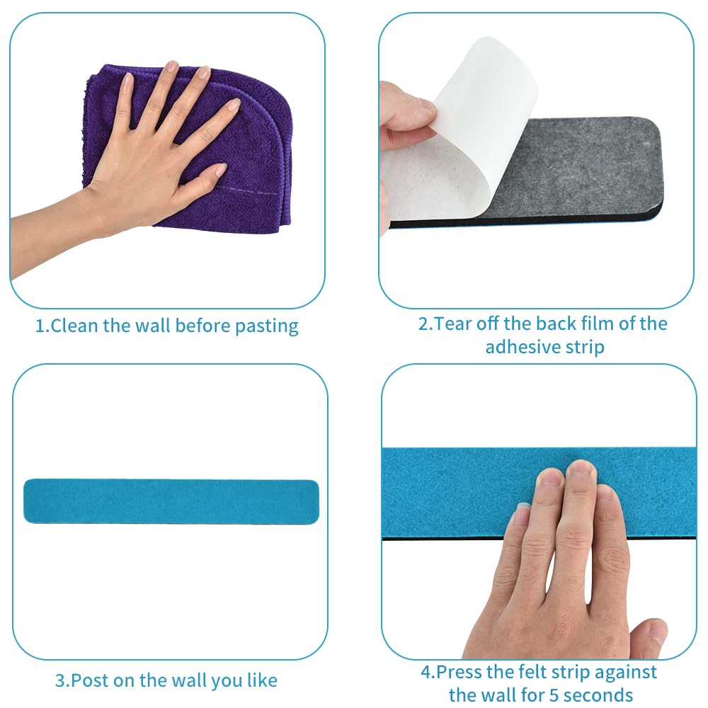 Vuzvuv 8 pcs Bulletin Board Bar Strips with 50 Pushpins & 10 Wooden Clip pins，Self Adhesive Cork Board for Wall，Felt Pin Board for School，Office Decor(Blue White Grey)