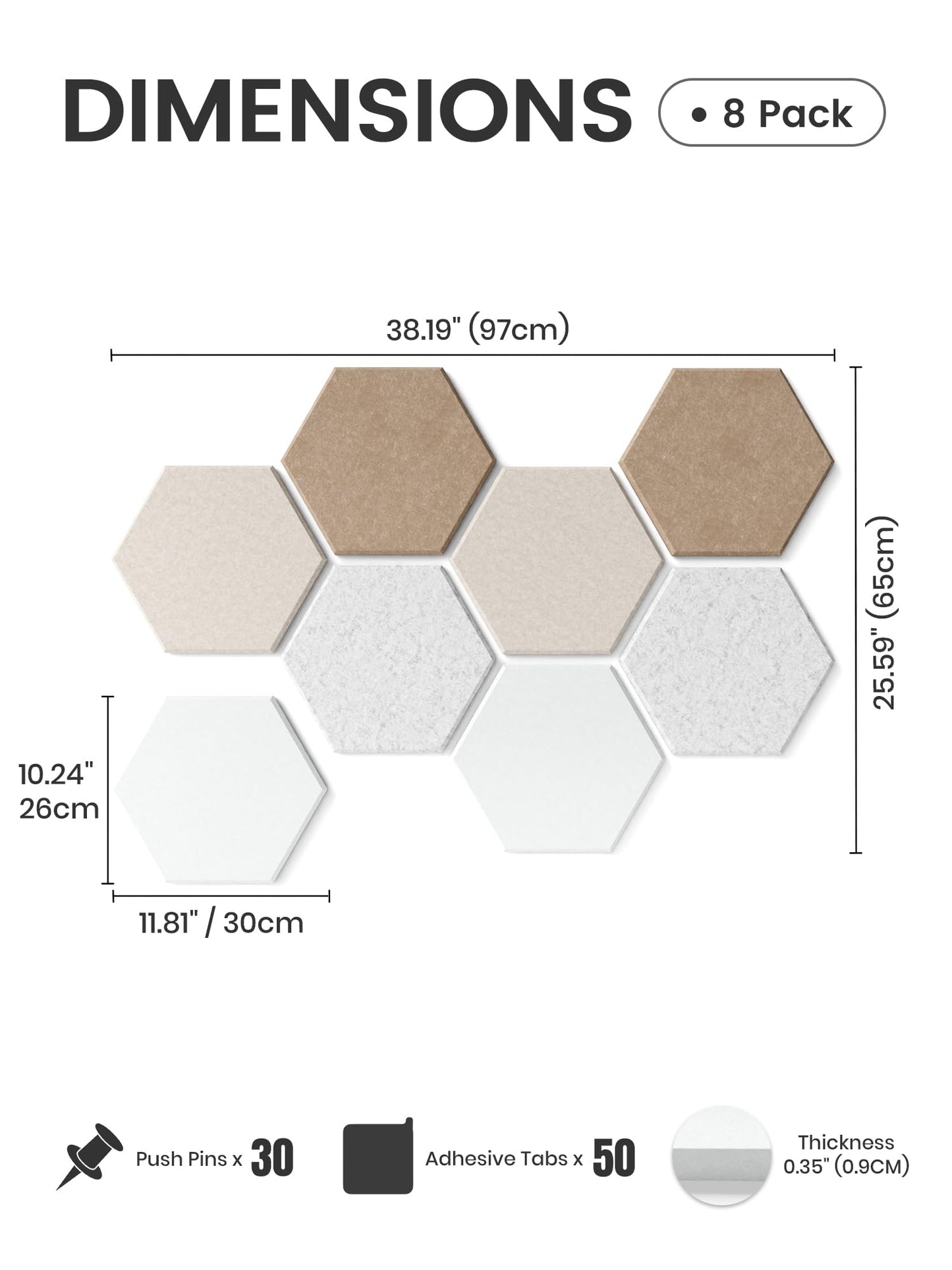 Fluxynara Hexagon Cork Board Alternative for Walls Decor-8-Pack Felt Bulletin Board Tiles,with 30 Pushpins,50 Adhesive Tabs for Office,Classrooms & Home Pin Board Felt Board-Stone Beige