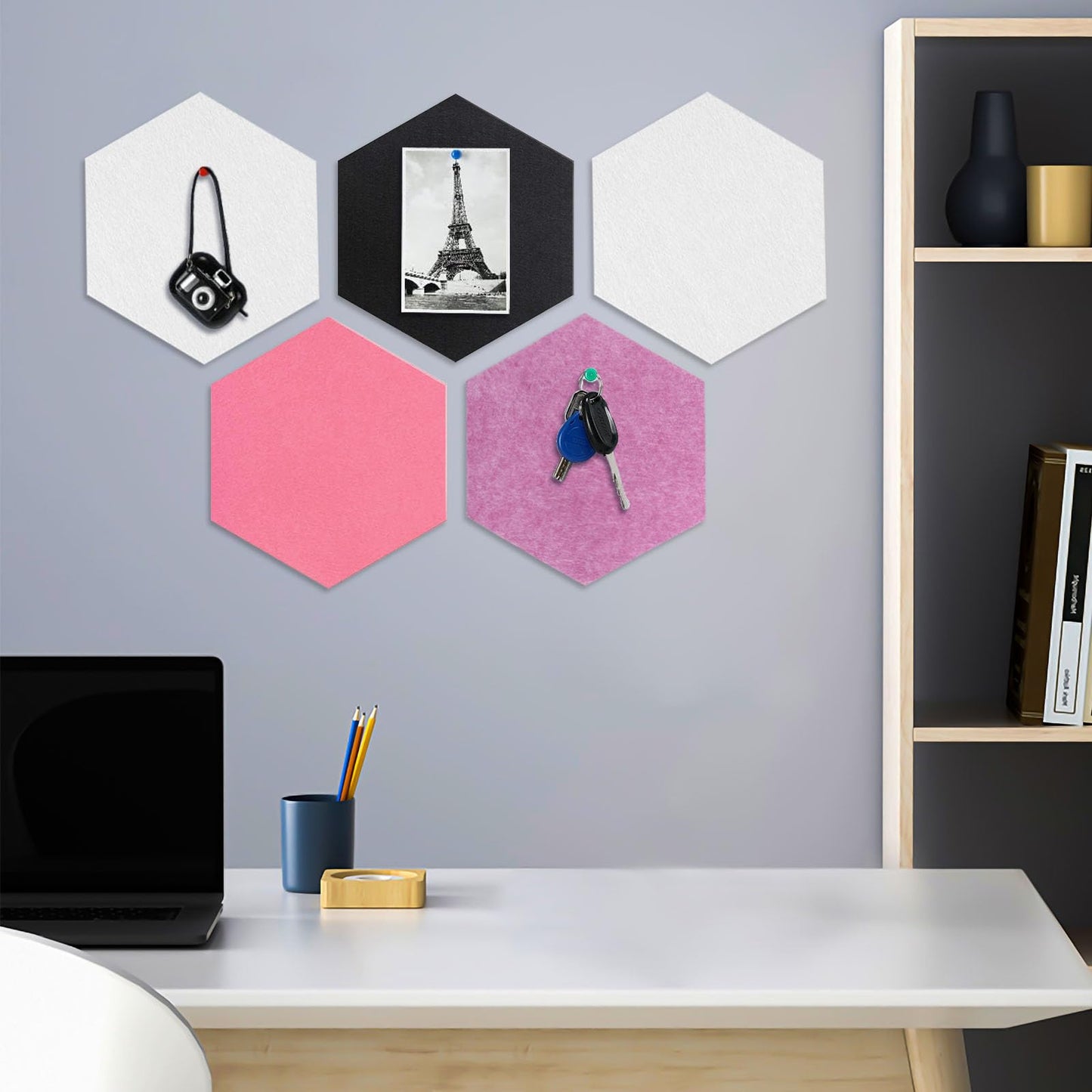 8 Packs Hexagon Felt Pin Board, 12" Bulletin Board with 30 Push Pins, Felt Board for Home Kitchen Office Decor, Self-Adhesive Corkboard Tiles for Walls School Message Photos Memos-Black White Pink