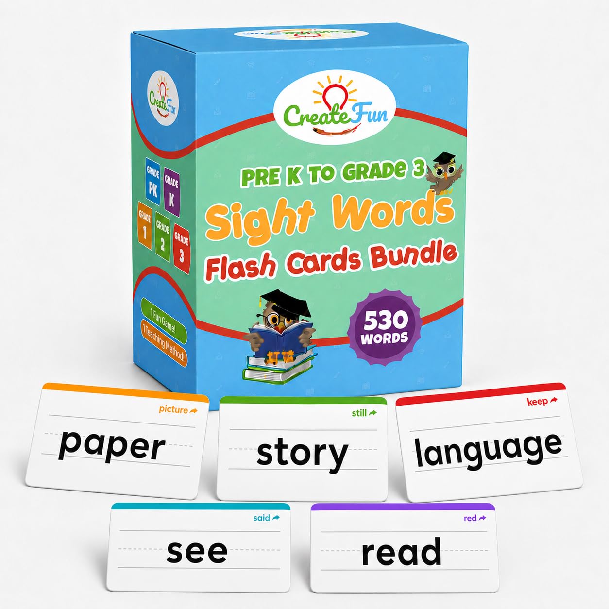 530 Sight Words Flash Cards for Kids Ages 3-9 Covers Pre K, Kindergarten, 1st, 2nd and 3rd Grade with 7 Educational Game Ideas - Homeschool Supplies Reading Tools for Kids