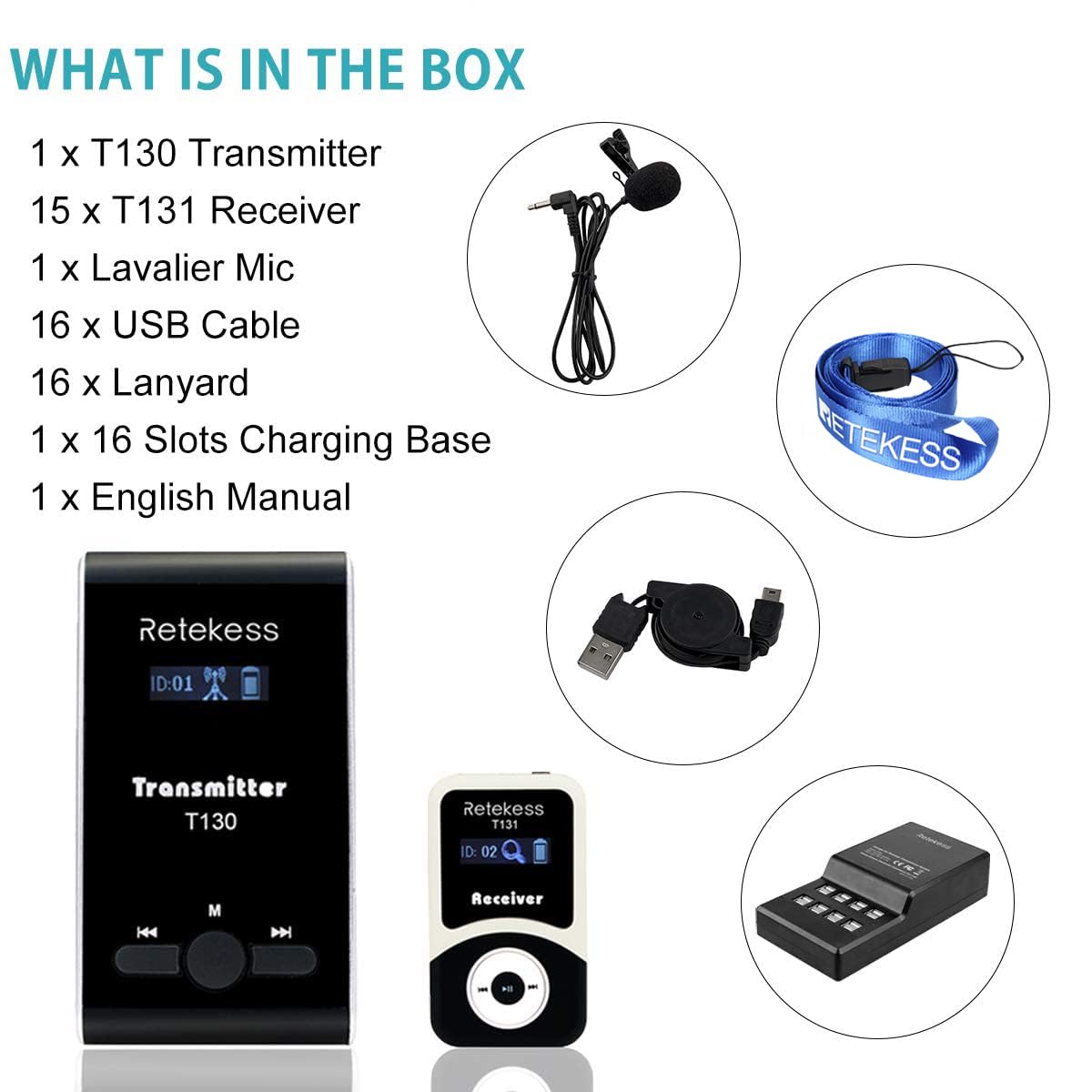 Retekess T130 Church Translation System, Tour Guide Audio System, High Sound Quality Reproduction, Walking Tour Headsets for Court,School (1 Transmitter 15 Receivers and 1 USB Charger)