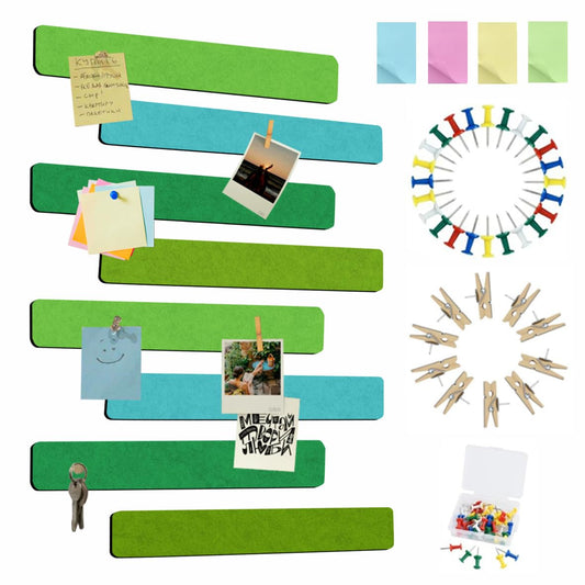 Vuzvuv 8 pcs Bulletin Board Bar Strips with 50 Pushpins & 10 Wooden Clip pins，Self Adhesive Cork Board for Wall，Felt Pin Board for School，Office Decor(Multi-Green)