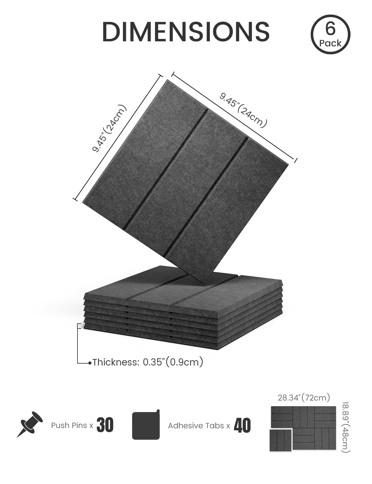 Felt Bulletin Board Tiles -28"x18" with 40 Adhesive Tabs, Cork Board Alternative for Office Decor, Push Pin Board Wall Organizer 6-Pack(Charcoal Gray)