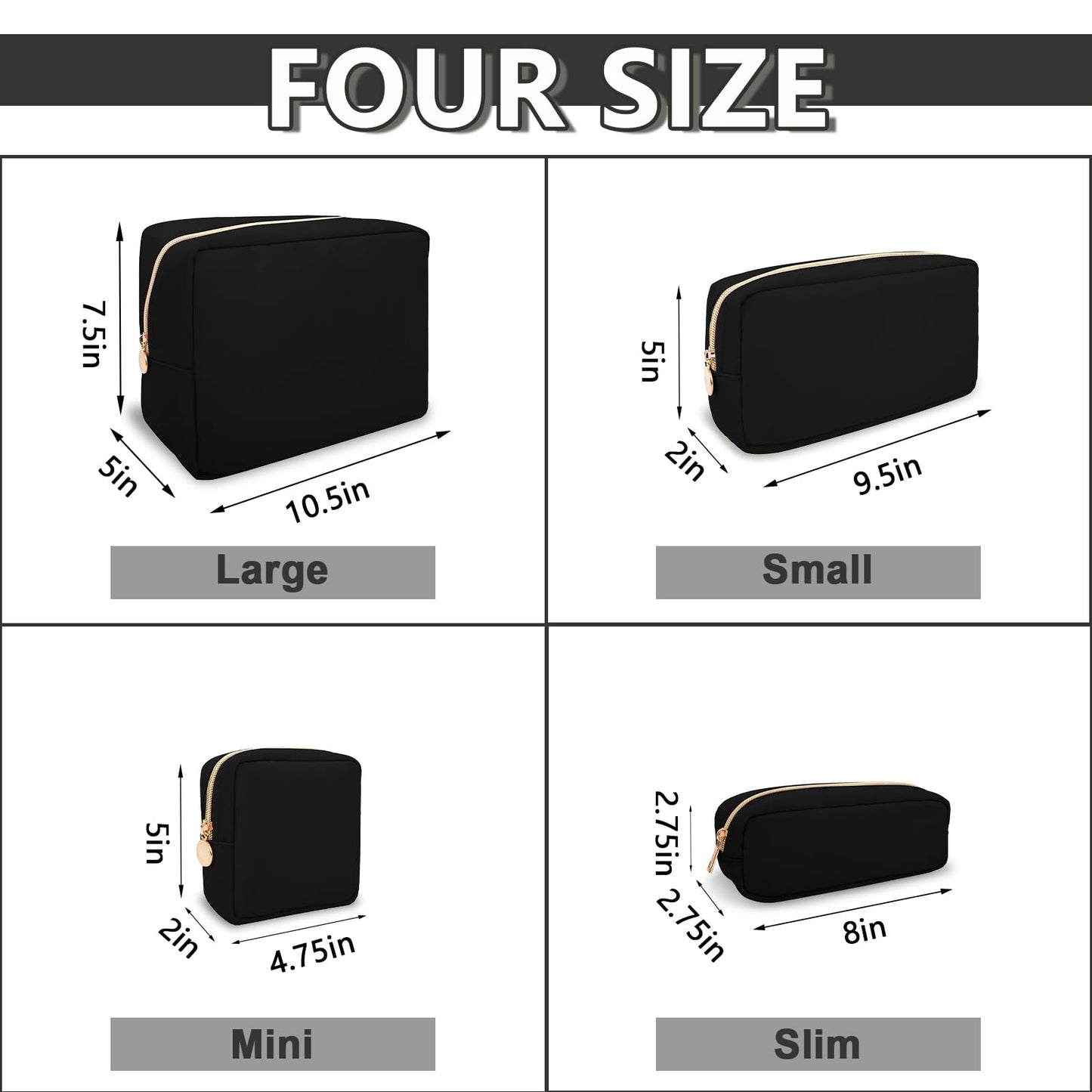 UIXIZQ Waterproof Small Pencil Case Makeup Bag for Purse,Cute Pencil Pouch Preppy Nylon Makeup Brush Holder with Zipper,Girls Portable Storage Case Small Pen Bag for Office(Slim-Black)