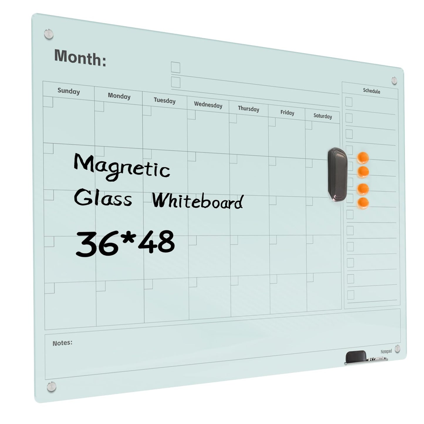 Magnetic Glass Dry Erase Board Calendar- White Board 48 x 36 Inch Wall Mounted Monthly Whiteboard, Large Frameless Glass White Board for Wall Office, Home & School