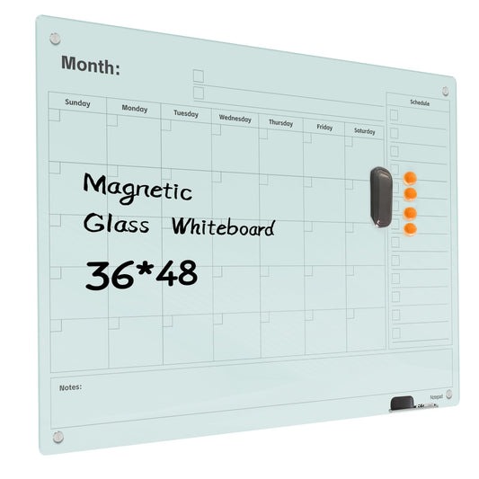 Magnetic Glass Dry Erase Board Calendar- White Board 48 x 36 Inch Wall Mounted Monthly Whiteboard, Large Frameless Glass White Board for Wall Office, Home & School