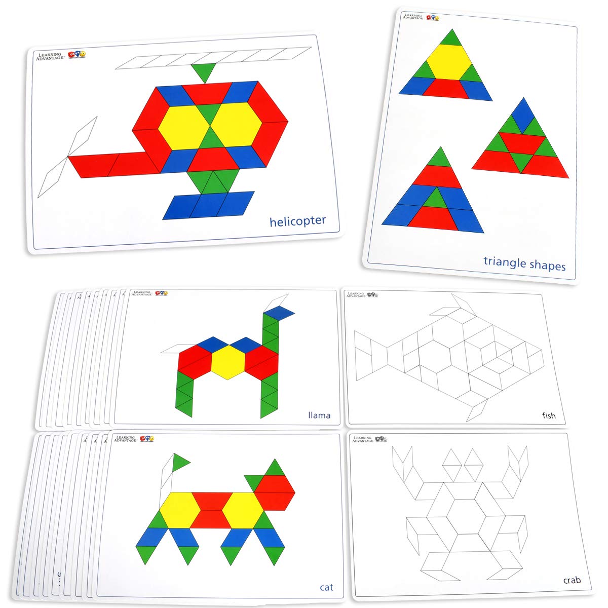 LEARNING ADVANTAGE Pattern Block Cards - Set of 20 Double-Sided Cards - Early Geometry for Kids - Teach Creativity, Sequencing and Patterning