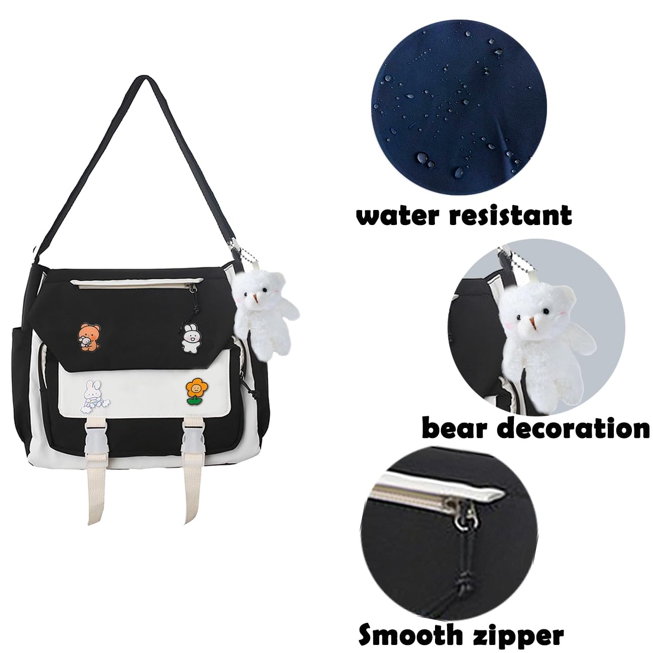 PRLINJSK Cute Messenger Bag, Kawai Purse Gift for Teen Girls Women, Crossbody Shoulder Tote Bags with Accessories