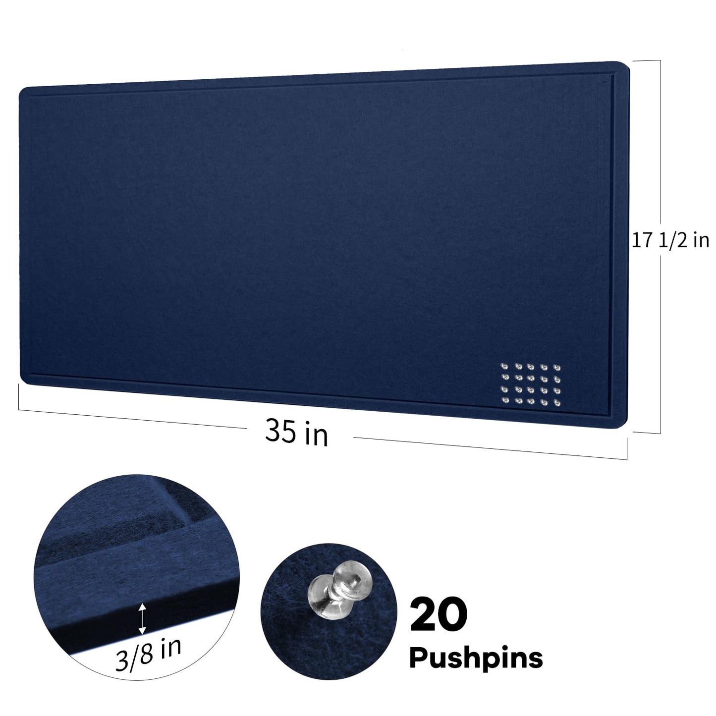 Lightomorrow Bulletin Board, 35 x 17 1/2 inches Felt Board - Decorative Pin Board, Cork Board Alternative for Wall, Foldable Self-Adhesive Vision Board Prayer Board with 20 Pushpins Dark Blue