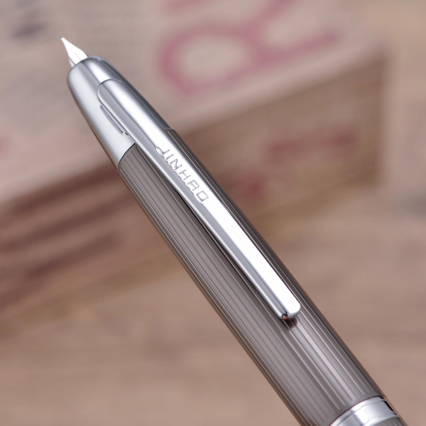 Jinhao 10 Press Fountain Pen with Box, Brushed Matt Gray Retractable Extra Fine Nib with Ink Converter Set (Silver Clip)