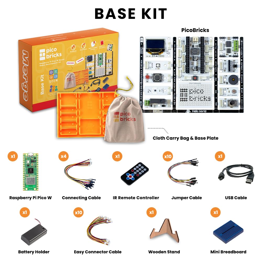 PicoBricks Raspberry Pi Pico W Starter Kit with 12 Detachable Sensors and Extensive Learning Guide, DIY Coding Kit, Raspberry Pi for Kids