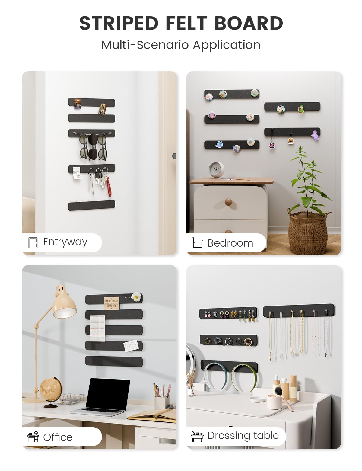 Fluxynara Cork Board Alternative Felt Strip Board 5-Pack 13"x2", Office Pin Board with 35 Push Pins, Adhesive Install for Bedroom Door & Home Office (Black)