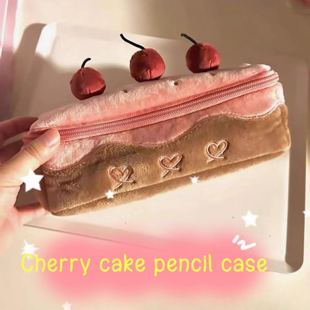 Vobomo Cherry Cake Pencil Case Big Capacity Pen Holder Plush Pencil Pouch Box Cute Aesthetic Pen Case (Cherry)