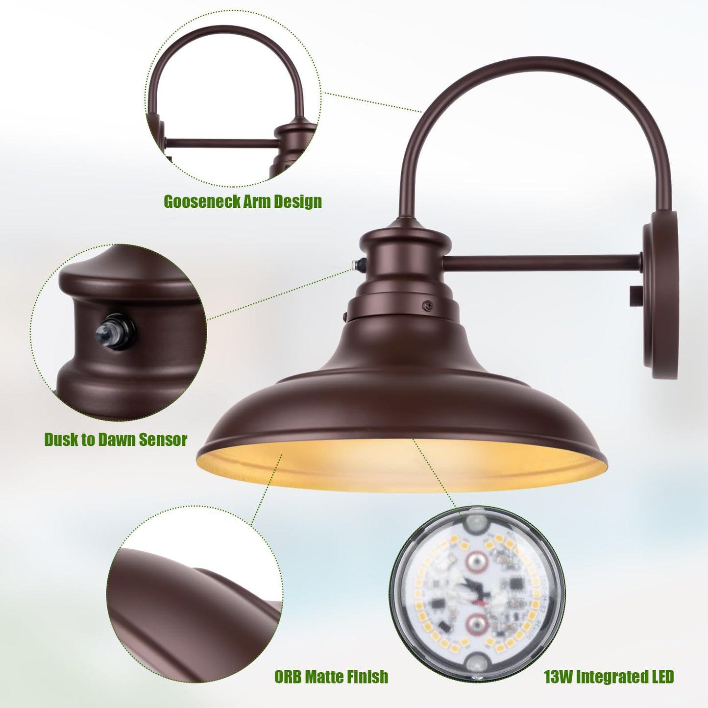 Yolsunes Oil Rubbed Bronze LED Outdoor Barn Lights, 12in Gooseneck Wall Fixture, 2 Pack, 13W 2700K