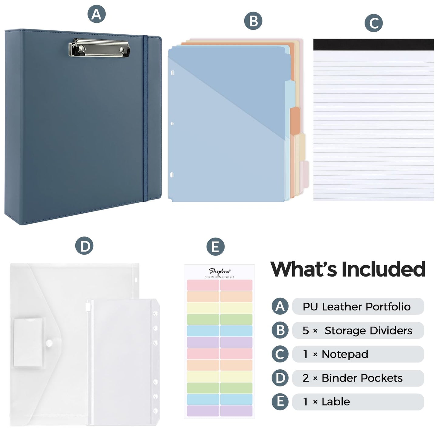 SKYDUE 3 Ring Binder with Clipboard, 2 Inch Heavy Duty Binder, PU Clipboard Binder with Notepad & 5 Dividers with 10 Pockets, Labels, Clipboard Folder Great for School Office(Fit Letter Sized Paper)