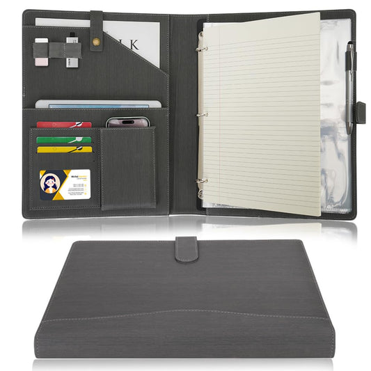 Wonderpool A4 PU Leather Portfolio Holder Ring File Document Case with Removable Binder Clipboard, Multi Pocket and Legal Pad for Business Organizer Interview and Meeting (Gray)