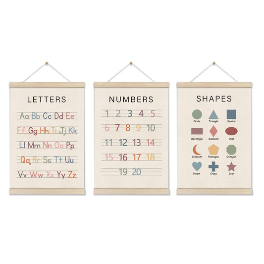 Set of 3 Alphabet Numbers Poster Hanger Frame, Preschool Learning Posters, Educational Canvas Wall Art, Montessori Nursery Wall, Toddler Room Decor for Boys Girls 16x12 Inch, Boho Classroom Decor