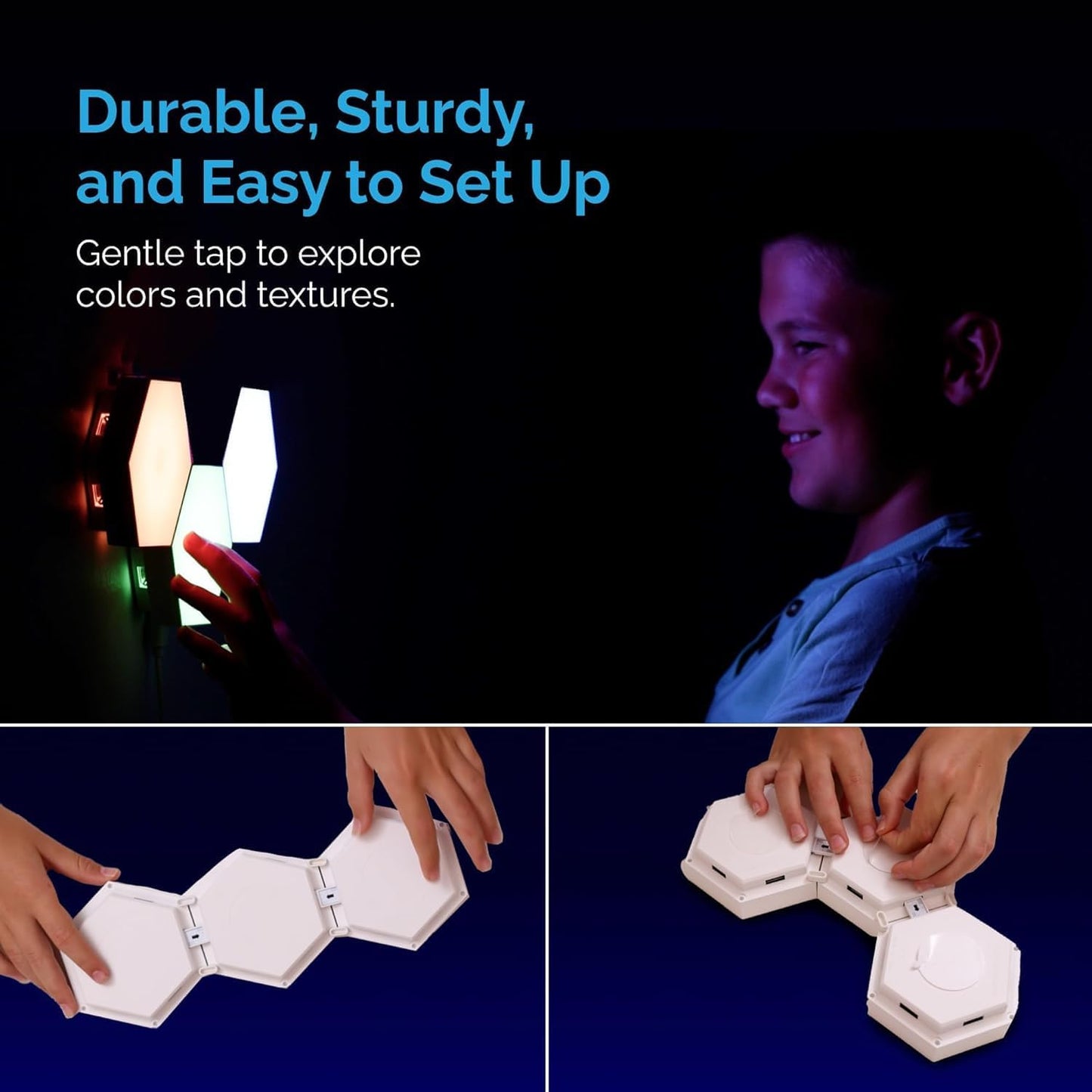 Emberela HEXlights Sensory Lights for Kids - 3pk Touch Hexagon Lights, Remote Controlled - Autism-Friendly Tap Tap Wall LED Panels for Sensory Room - Table Stand Included | Gifts for Kids with Autism