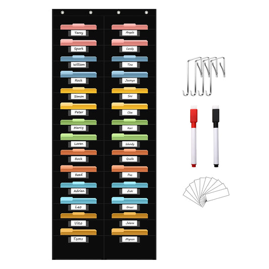 ANCOMEDO 28 Pocket Hanging Wall File Organizer with 28 Name tag Pockets, File Storage Pocket Chart for Classroom and Office Use. Keeps Assignments, Files, Scrapbooks, and Papers Neatly Organized.