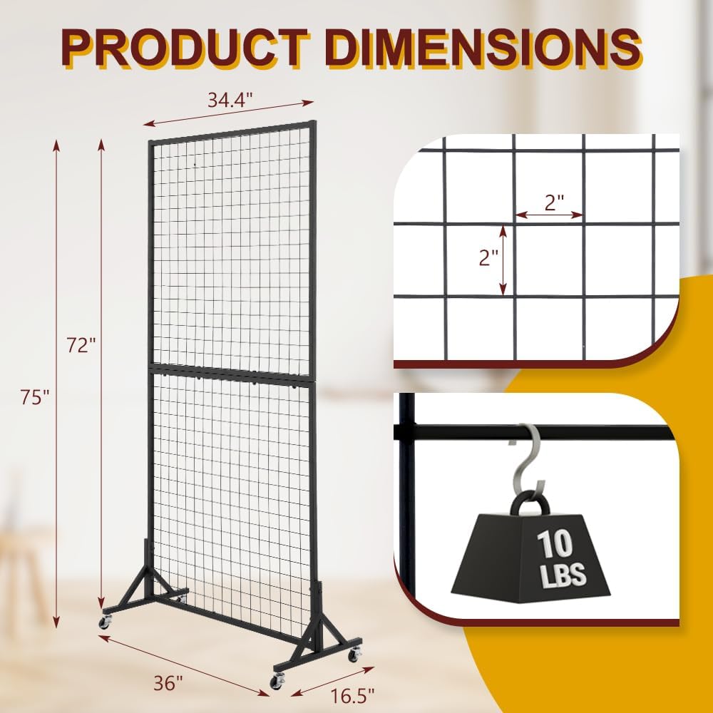 OUDUCK 3' x 6' Grid Wall Panels Standing Wire Grid, Sturdy Display Rack with T-Base Wheels Freestanding Gridwall Panel Tower for Shows, Black