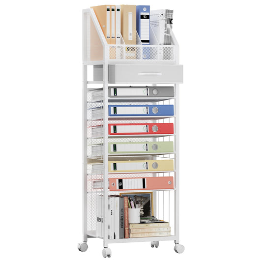 SWTYMIKI 9-Tier Rolling File Cart - Paper Organizer with Drawer and Trays, Wood Desk Office Organizer, Office Organization and Binder Storage for Workspace, Home, School, White