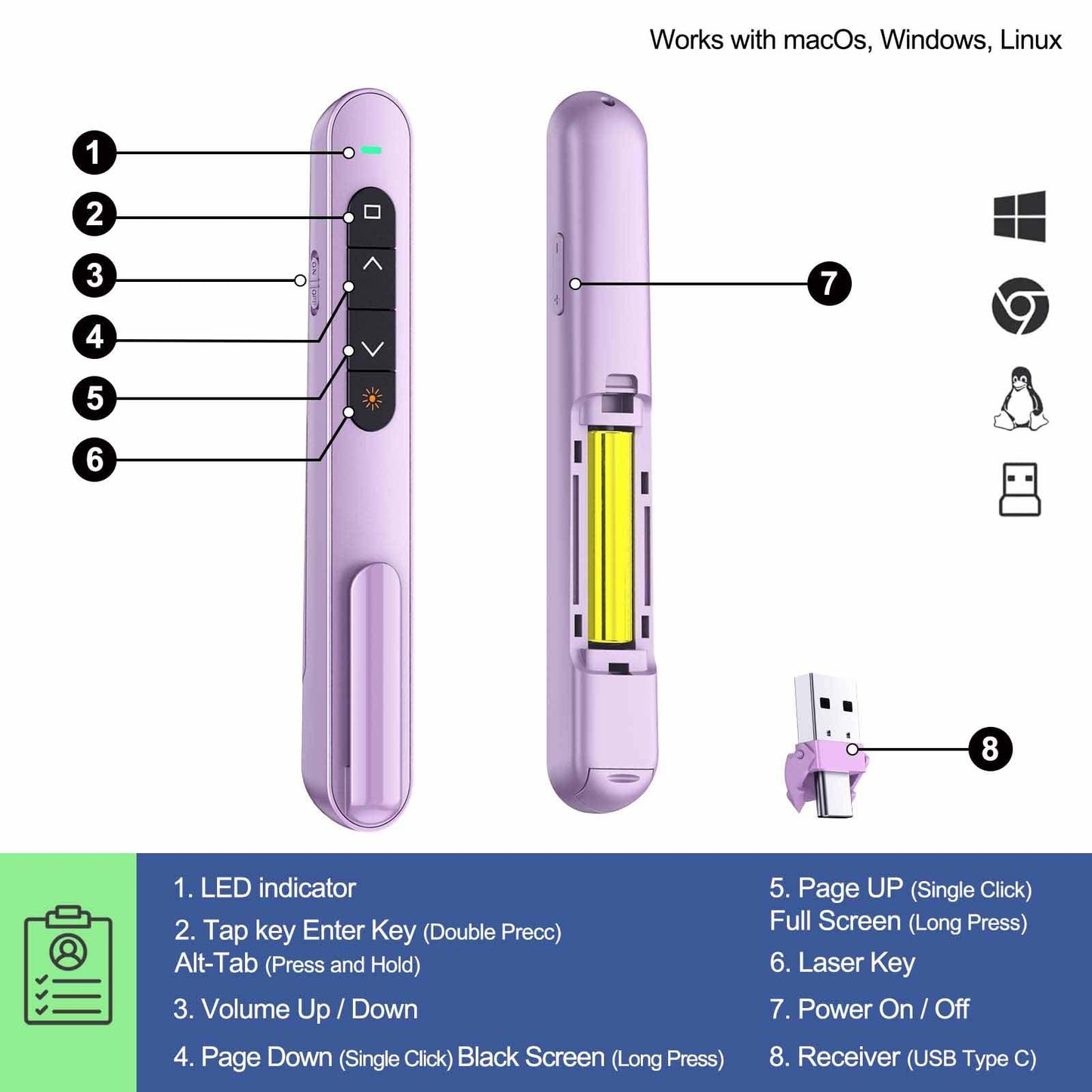 QUI Presenter Clicker USB A&C Bundle | Pen-Shaped Purple & Remote-Shaped Blue