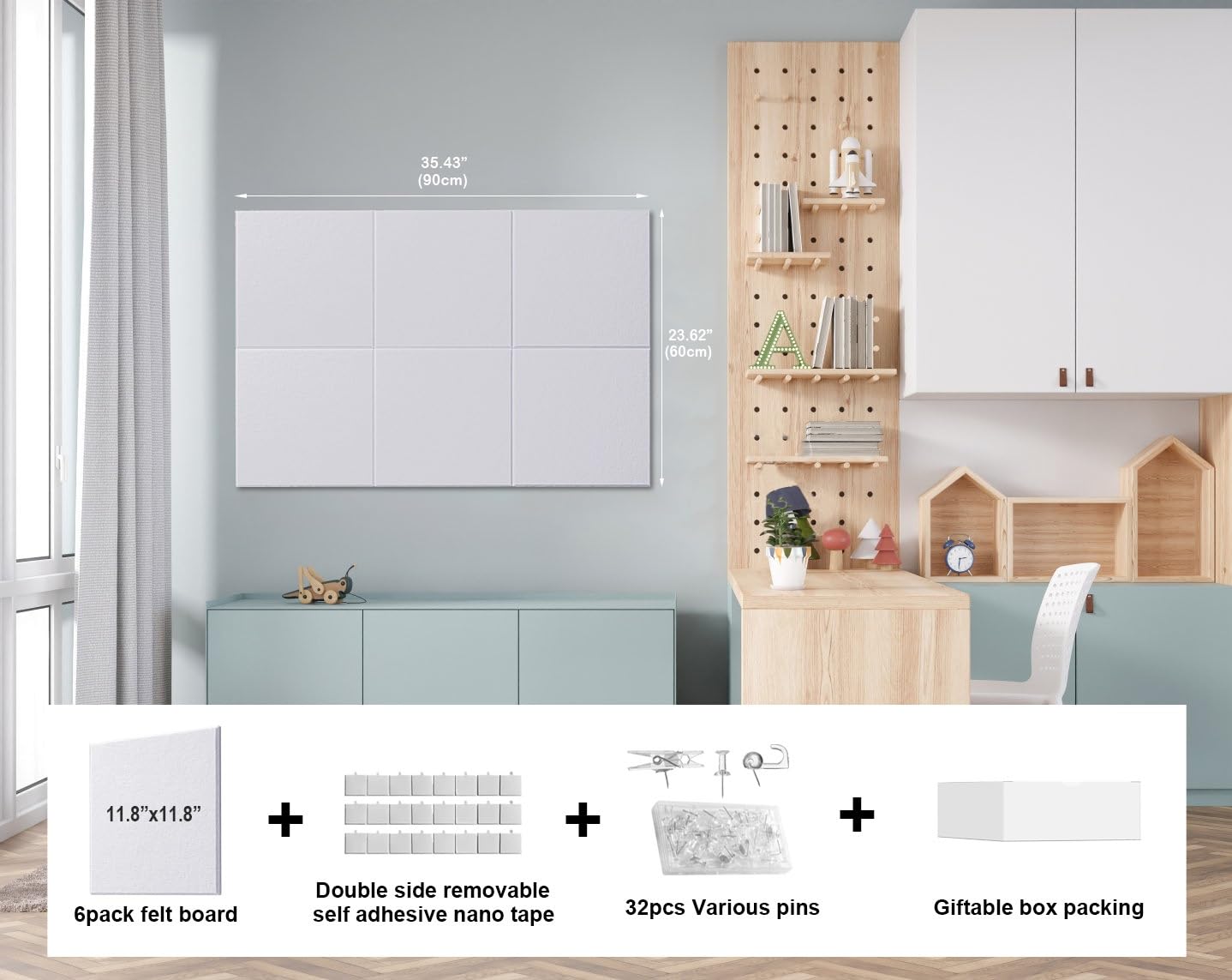 G Gamit Felt Wall Tiles Bulletin Board Large Cork Board Alternative 6 Pack 11.81”x11.81”x0.47” Felt Pin Board Tack Board with Safe Removable Adhesive Tabs for Home Office School 36x24 (White)