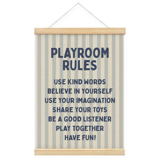 MOFUYU Playroom Wall Decor,Play Room Essentials,Nursery Playroom Rules Wall Art with Wooden Frames,Blue Poster Hanger Frame for Playroom Nursery Bedroom 12x16 Inch