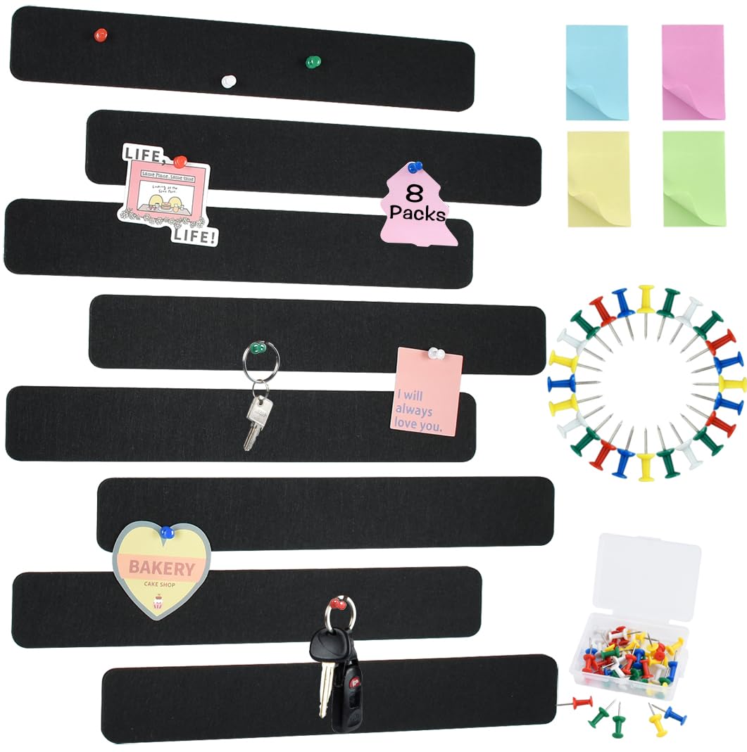 Vuzvuv 8 pcs Bulletin Board Bar Strips with 50 Pushpins & 10 Wooden Clip pins，Self Adhesive Cork Board for Wall，Felt Pin Board for School，Office Decor(Black)