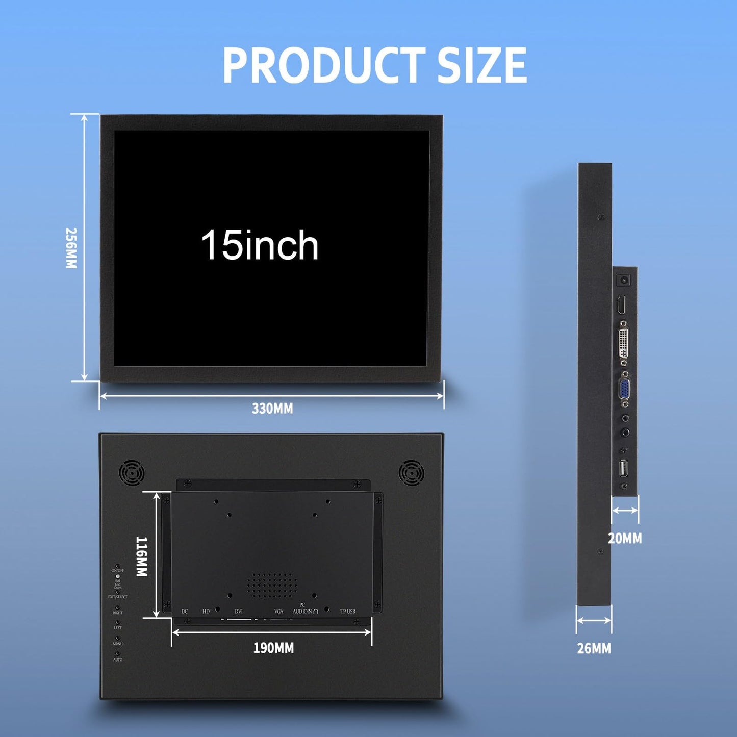 VSDISPLAY 15 Inch 1000 Nits High Brightness Touch Screen LCD Monitor 1024x768 IPS Outdoor Industrial Display with H/D DVI VGA Video Input
