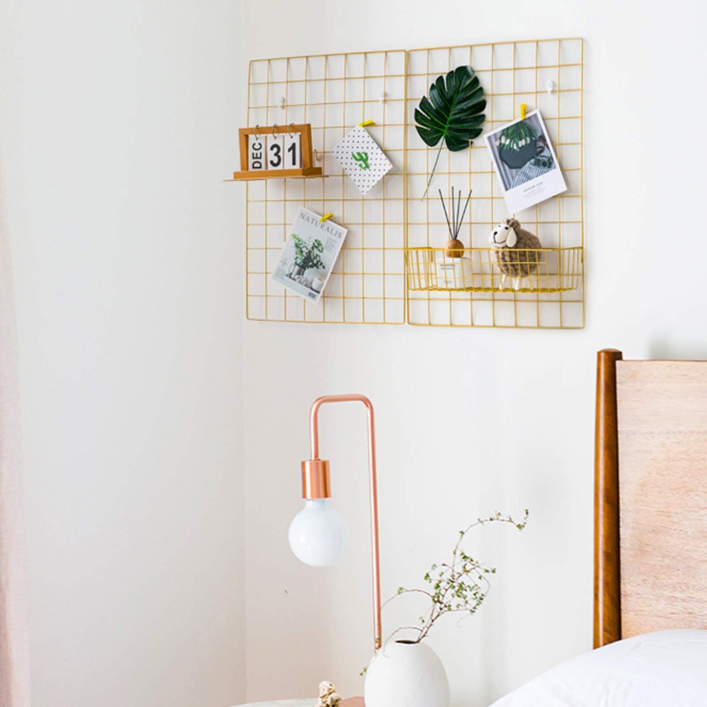 GBYAN 2 Pack Large Wall Grid Panels with Light and Clips, Photo Display Board, Picture Frame Collage Board, Wire Grid Wall Panel Room Decoration,Dark Gold