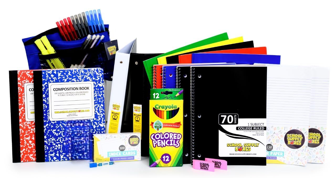 School Supply Boxes | Secondary School Bundle (1 Box) | Back to School Essentials Kit for Students & Teachers | Includes 1" Binders, College-Ruled Notebooks, College-Ruled Filler Paper, & More